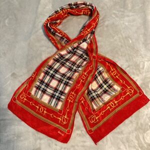Sacha Silk Equestrian Scarf Red Plaid Horse Bit Chain‎